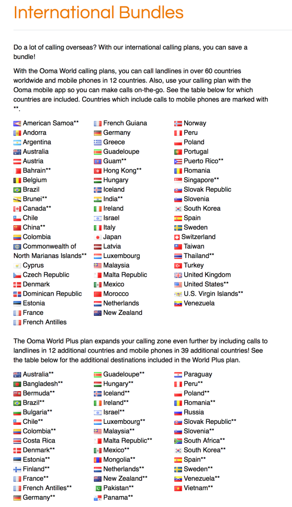 Ooma internatoinal rates
